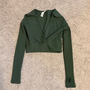 Ribbed Dark Green Long Sleeve Wrap Crop Top